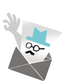 Illustrative graphic of a spook with a sky-blue hat peeking out of an envelope