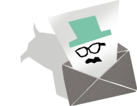 Illustrative graphic of a spook with a green hat peeking out of an envelope