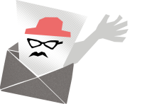 Illustrative graphic of a spook with a red hat peeking out of an envelope