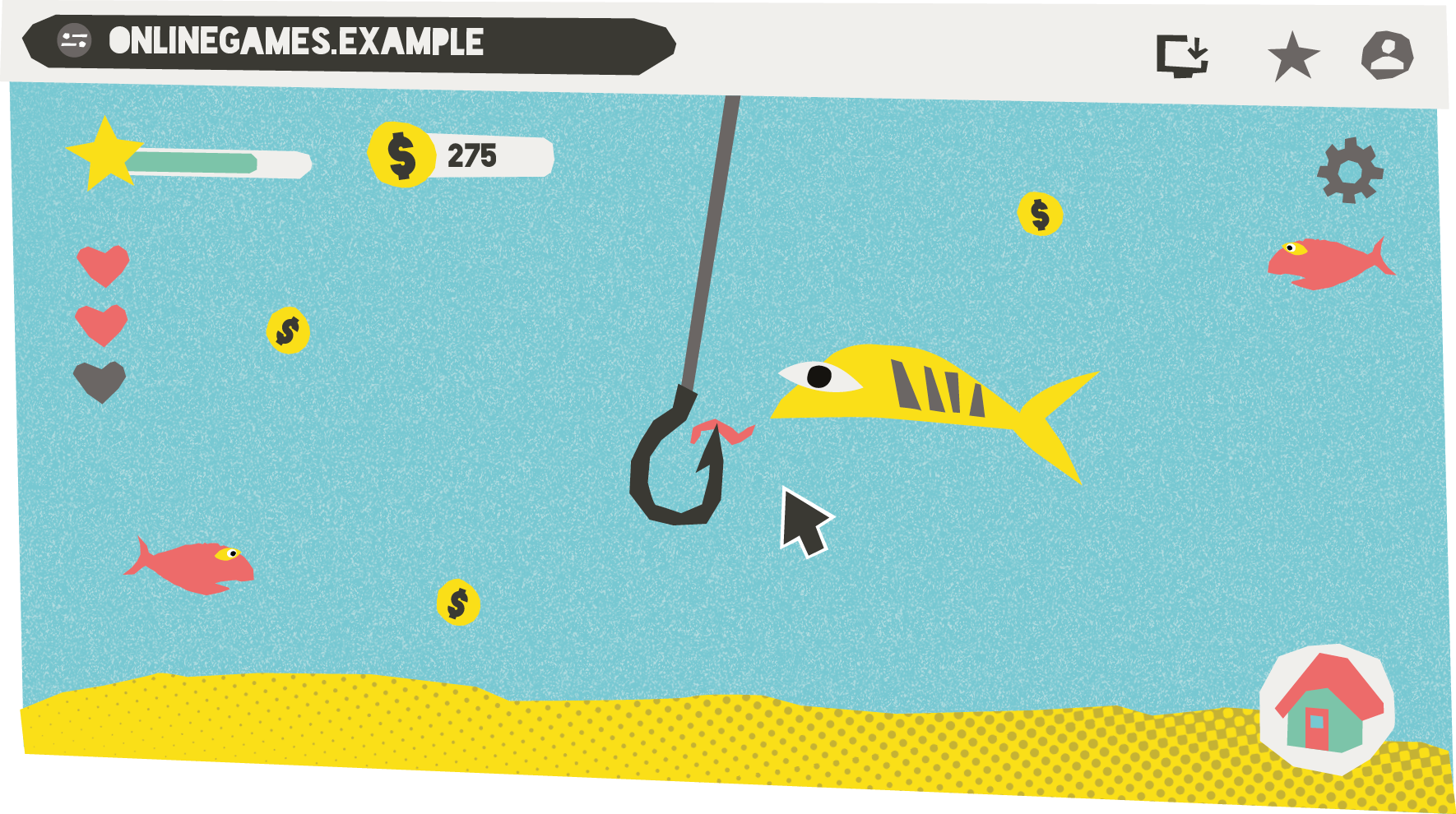 Graphic of a fishing line and hook and fish around it set on a desktop screen