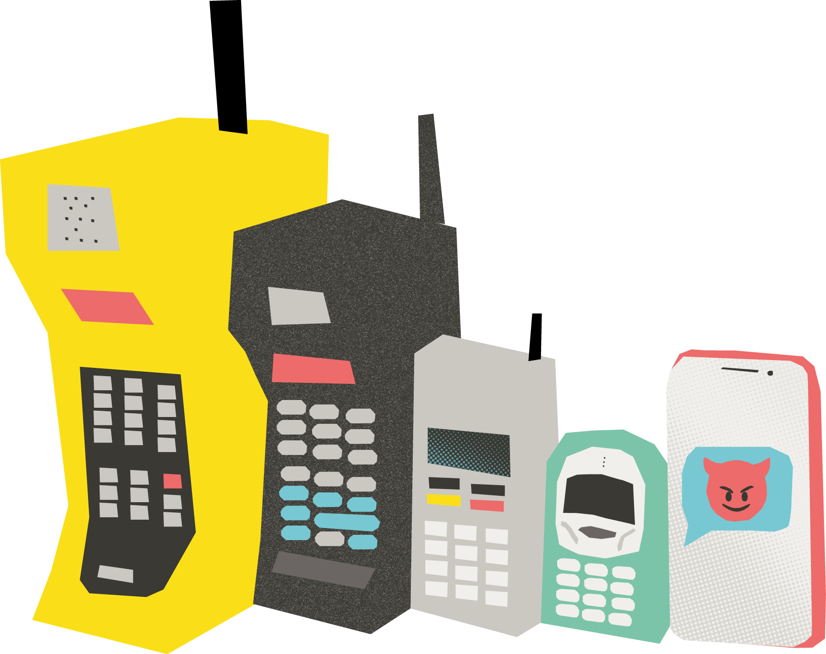 Graphic showing the evolution of phones including a bulky yellow handset  with an antenna on the laft through to a smartphone on the right