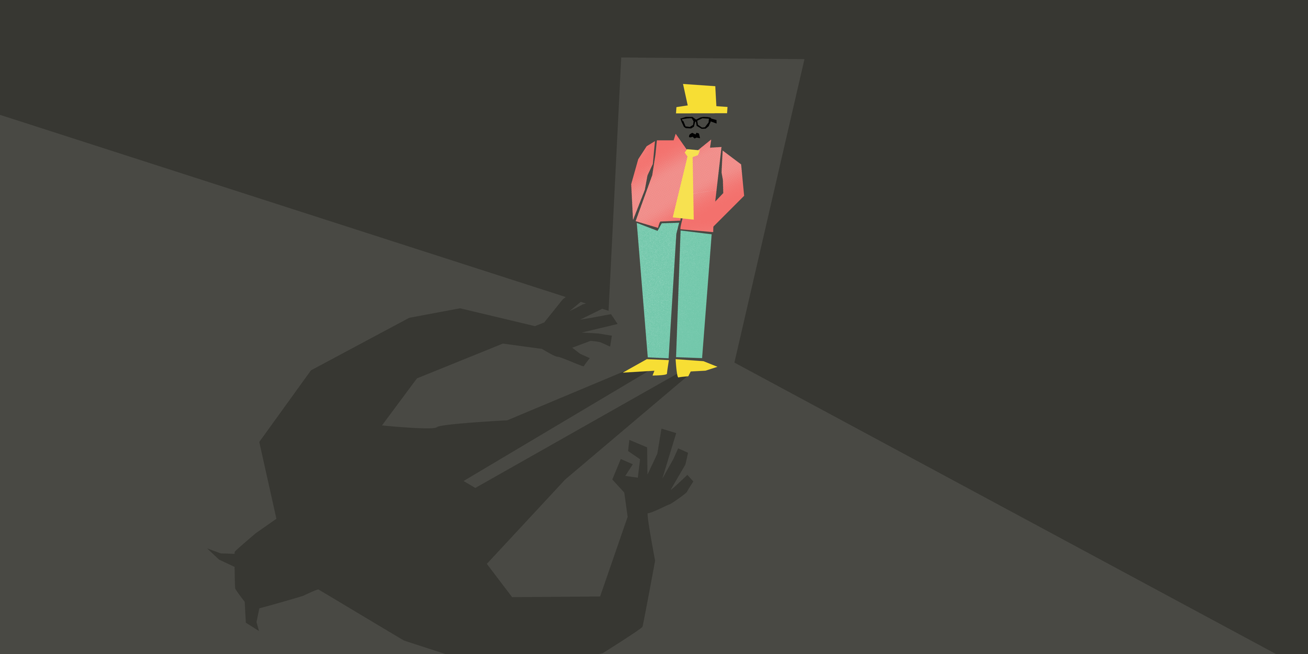 Illustrative graphic of a sspook standing at a door. His shoadow does not match his body, implying he is not who he claims to be.